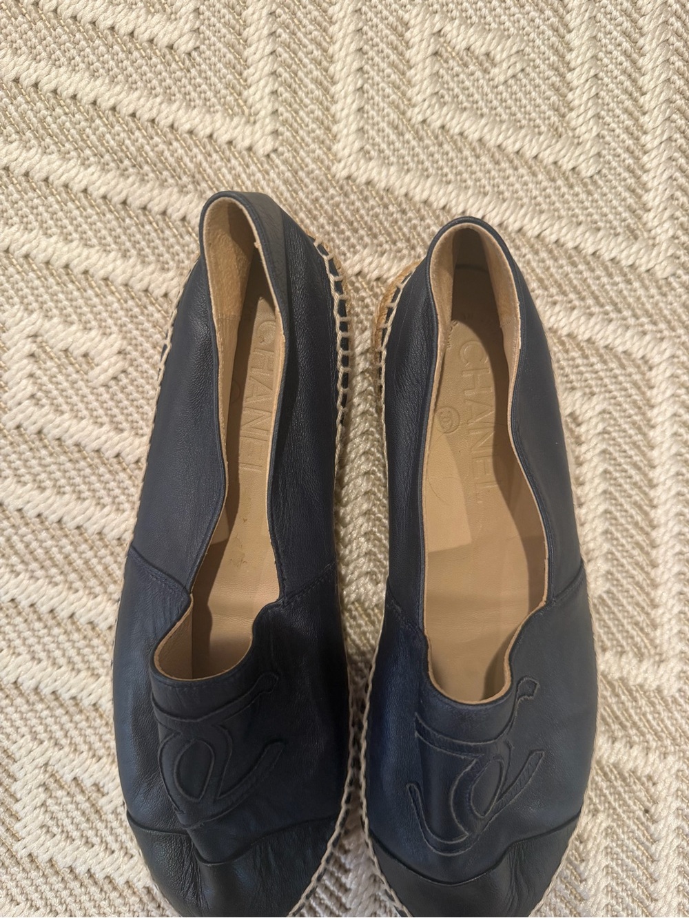 Chanel Navy and Black Leather Espadrille Loafers - Picture 3 of 6